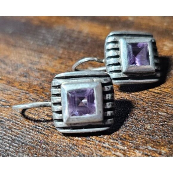 VTG Amethyst Square Stone 925 Sterling Silver Drop Dangle Earrings 1"L x 5/8"W - Picture 2 of 7